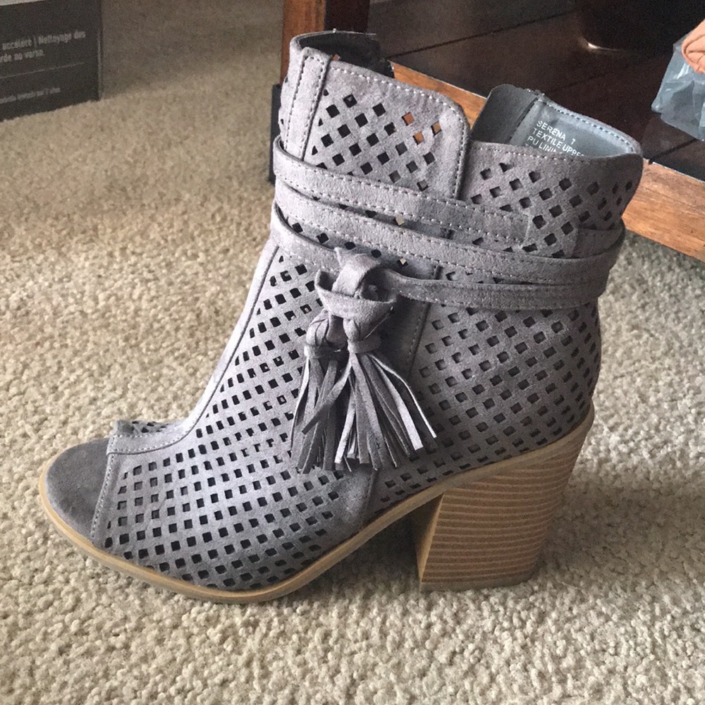 Suede peep toe bootie heels